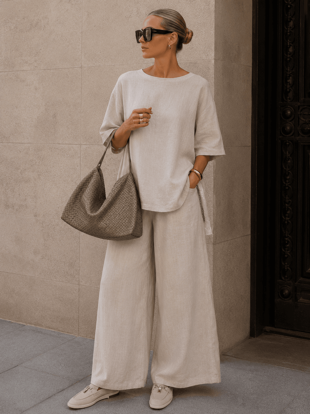 cream linen short sleeve top wide leg trouser set quiet luxury outfit amazon