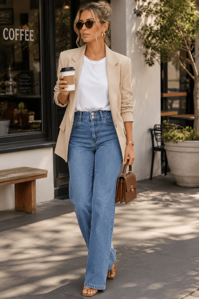 neutral blazer white tee straight jeans outfit looks expensive Amazon