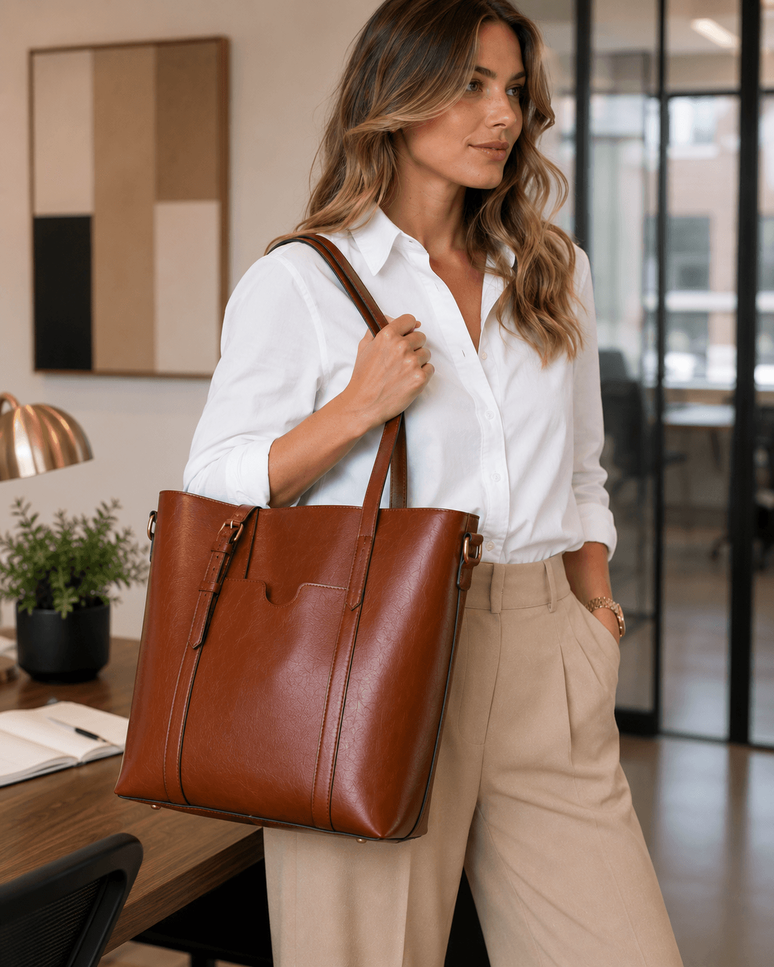 brown leather tote bag power office outfit Amazon