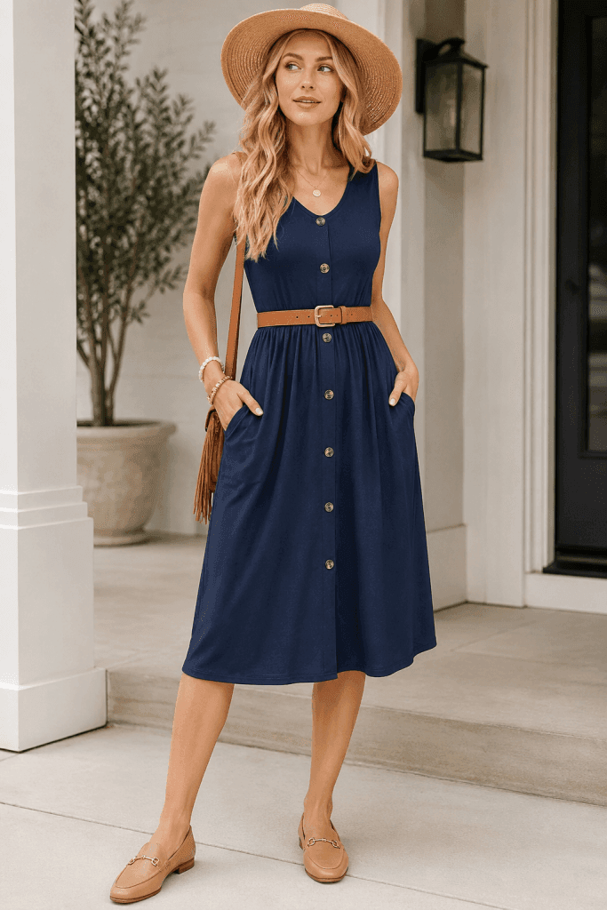 button down midi dress waist belt flat loafers easy spring brunch outfit Amazon