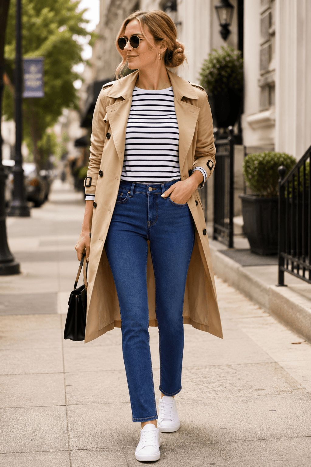 casual chic brunch outfit straight leg jeans striped breton top trench coat Amazon