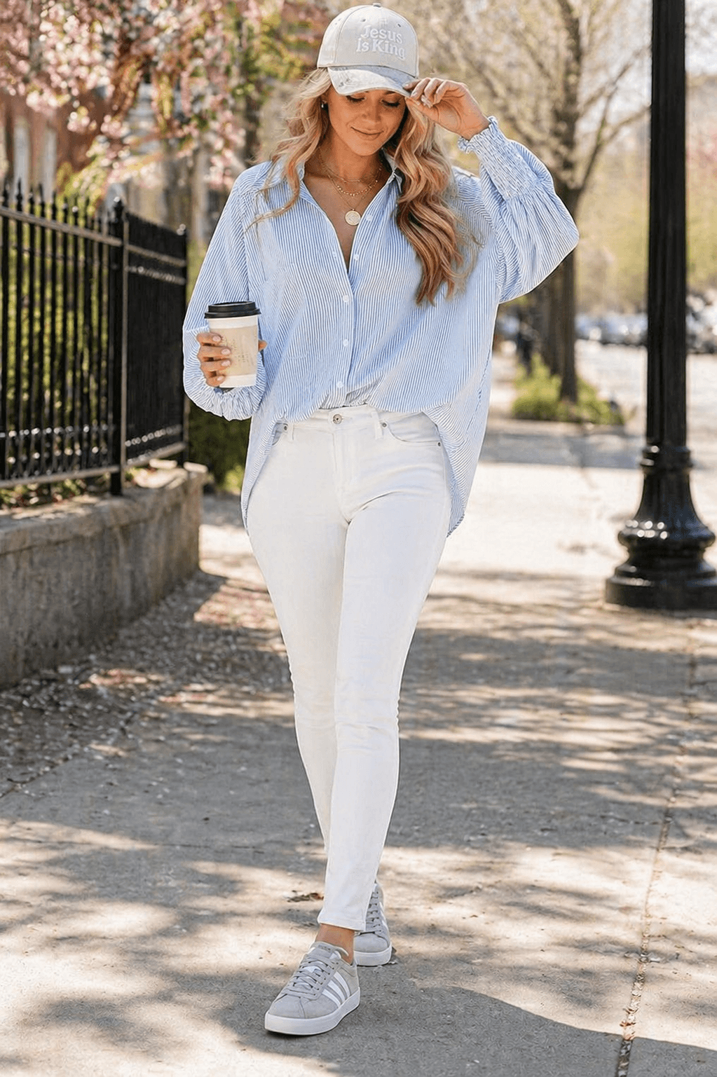 viral boyfriend button down shirt skinny jeans Adidas sneakers outfit Amazon