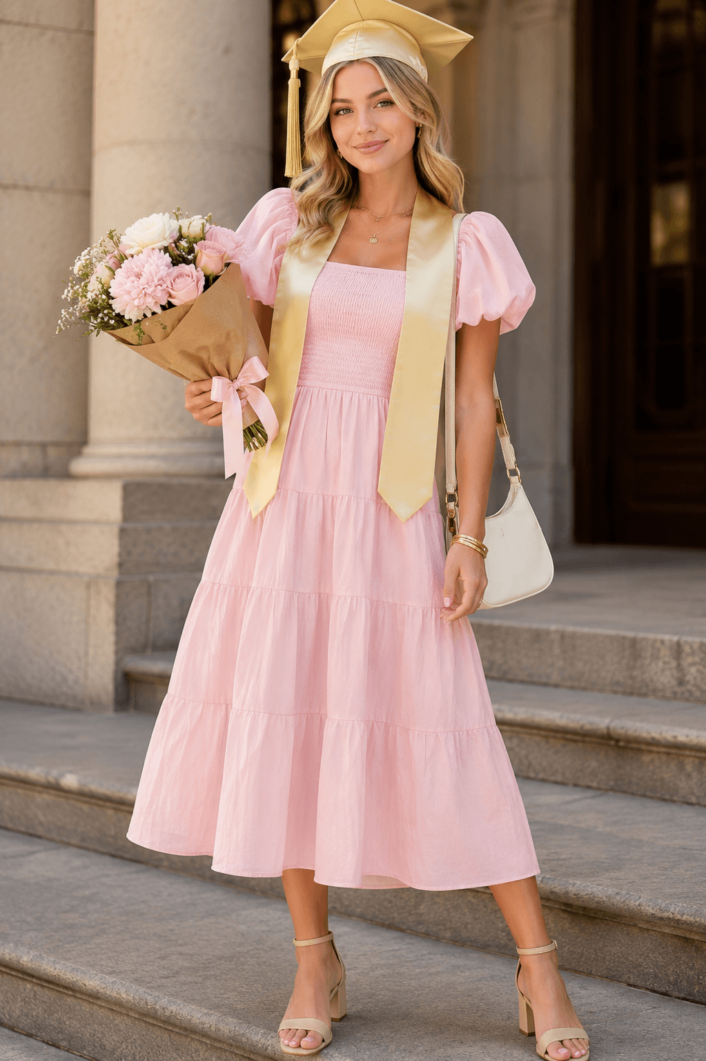 puff sleeve midi dress champagne sash graduation outfit Amazon 2026