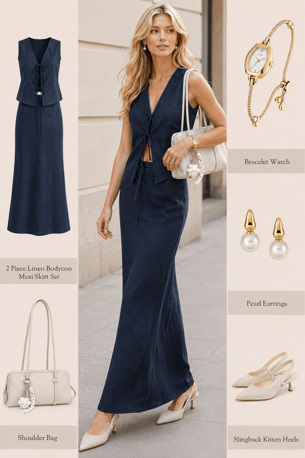 navy linen maxi skirt set slingback kitten heels pearl earrings bracelet watch neutral shoulder bag amazon