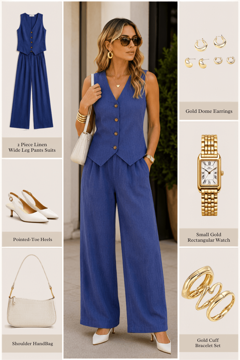 cobalt blue linen suit set pointed slingback heels shoulder bag gold dome earrings gold watch cuff bracelet amazon