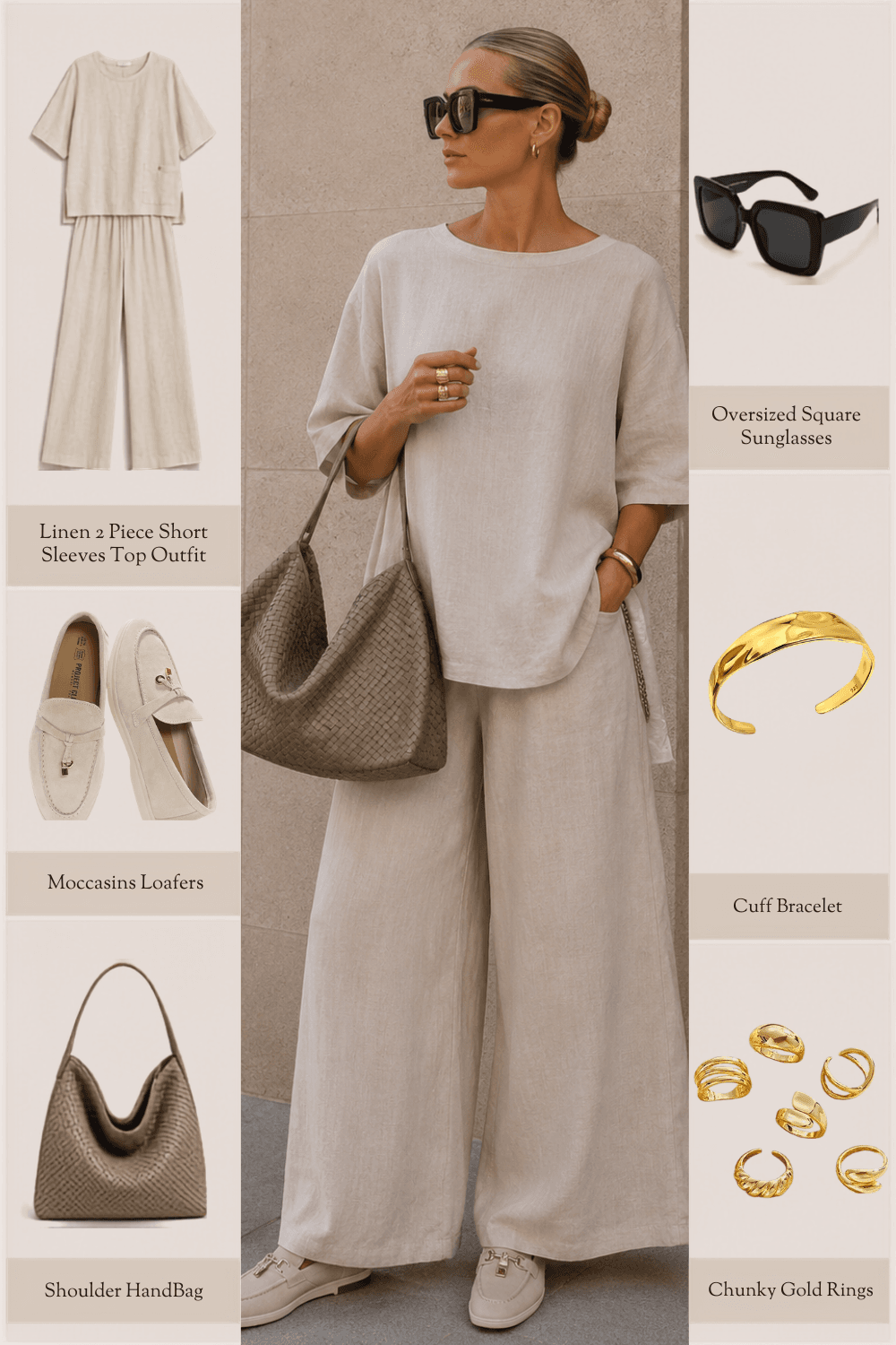 cream linen set moccasin loafers square sunglasses cuff bracelet chunky gold ring suede hobo bag amazon