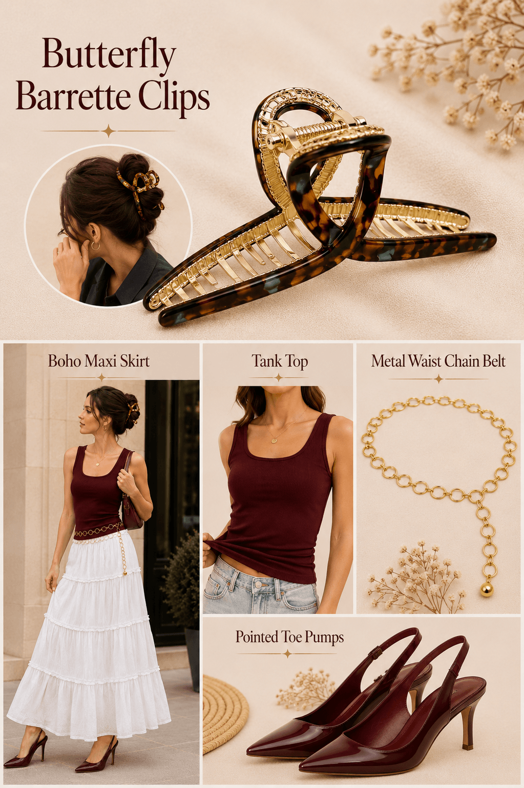 Feminine outfit idea with butterfly barrette clips — boho maxi skirt, tank top, waist chain belt and pointed toe pumps from Amazon