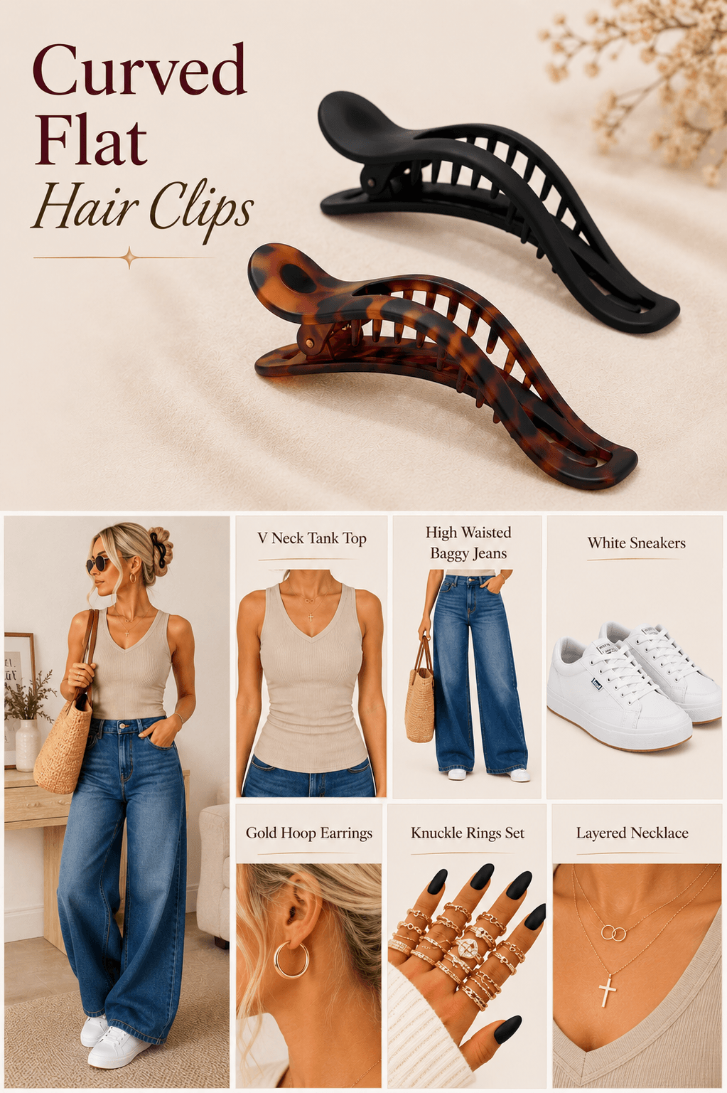 Clean girl outfit idea with curved flat hair clip — V neck tank, baggy jeans, white sneakers and gold hoops from Amazon