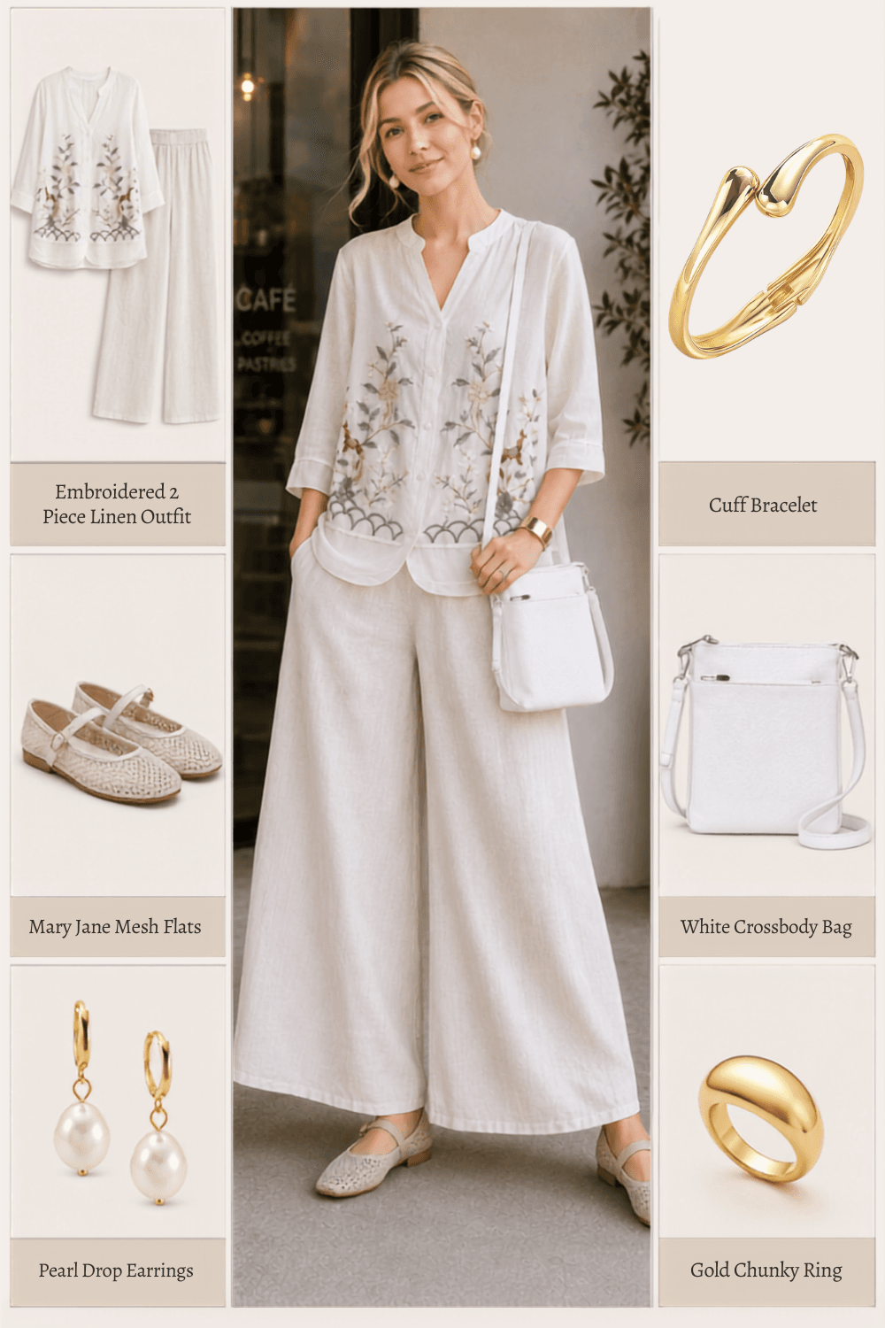 embroidered linen set mary jane flats pearl drop earrings cuff bracelet gold ring white crossbody bag amazon