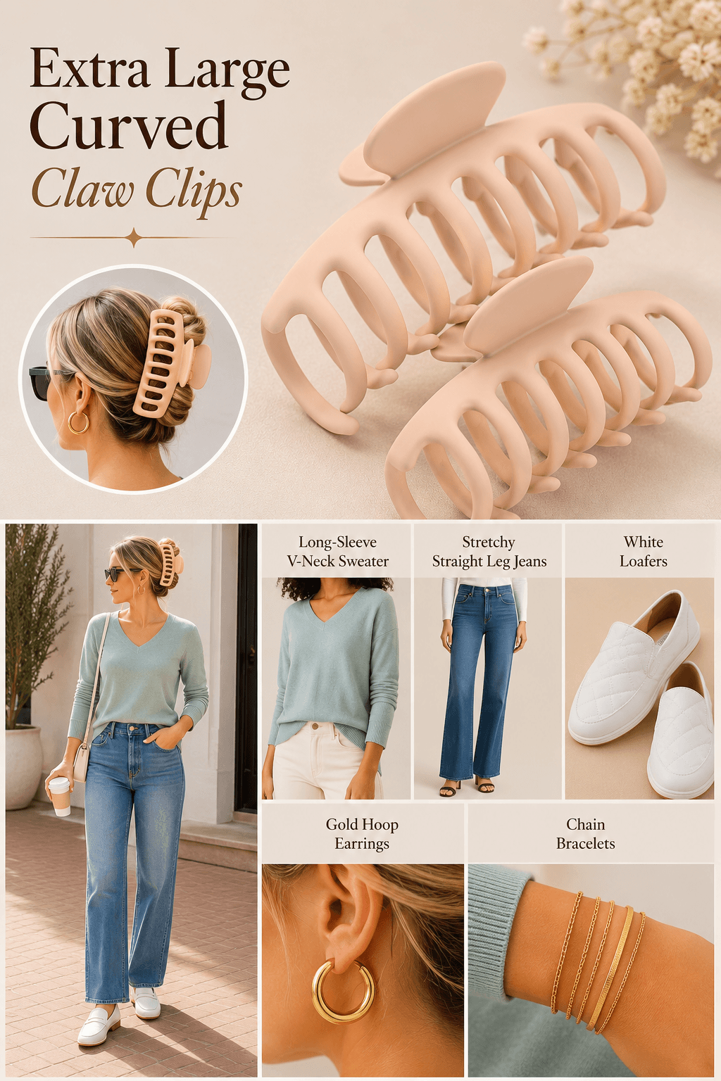 Outfit pairing for extra large curved claw clip — V neck sweater, straight leg jeans, white loafers and gold hoops from Amazon