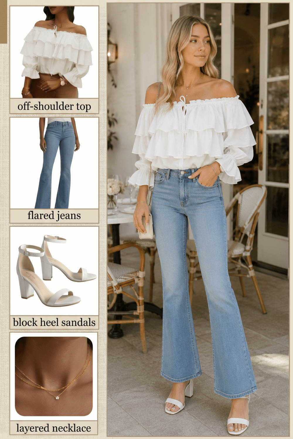 Flat lay collage of off-shoulder ruffle top, flared jeans, block heel sandals and layered necklace for a casual spring outfit