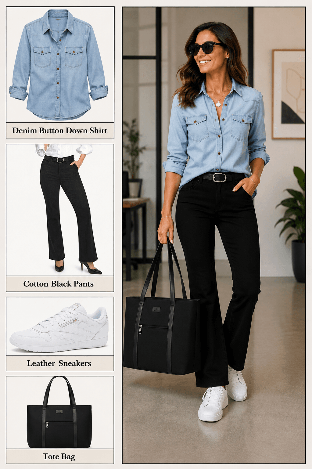 shop denim shirt black pants casual office outfit Amazon