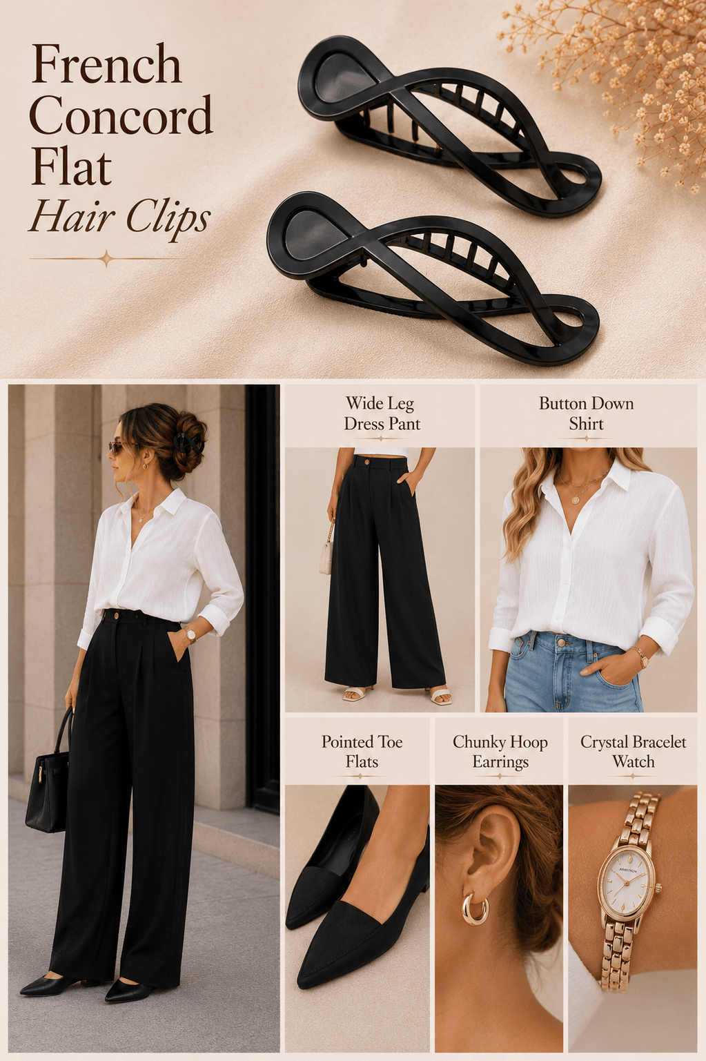 Smart casual outfit idea with French concord flat hair clips — wide leg trousers, button down shirt, pointed toe flats and gold watch from Amazon