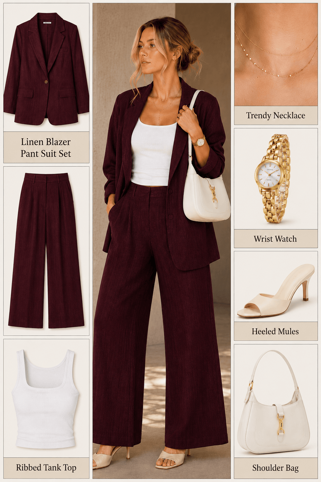 linen blazer pant suit set cotton tank heeled mules gold necklace watch leather shoulder bag amazon outfit