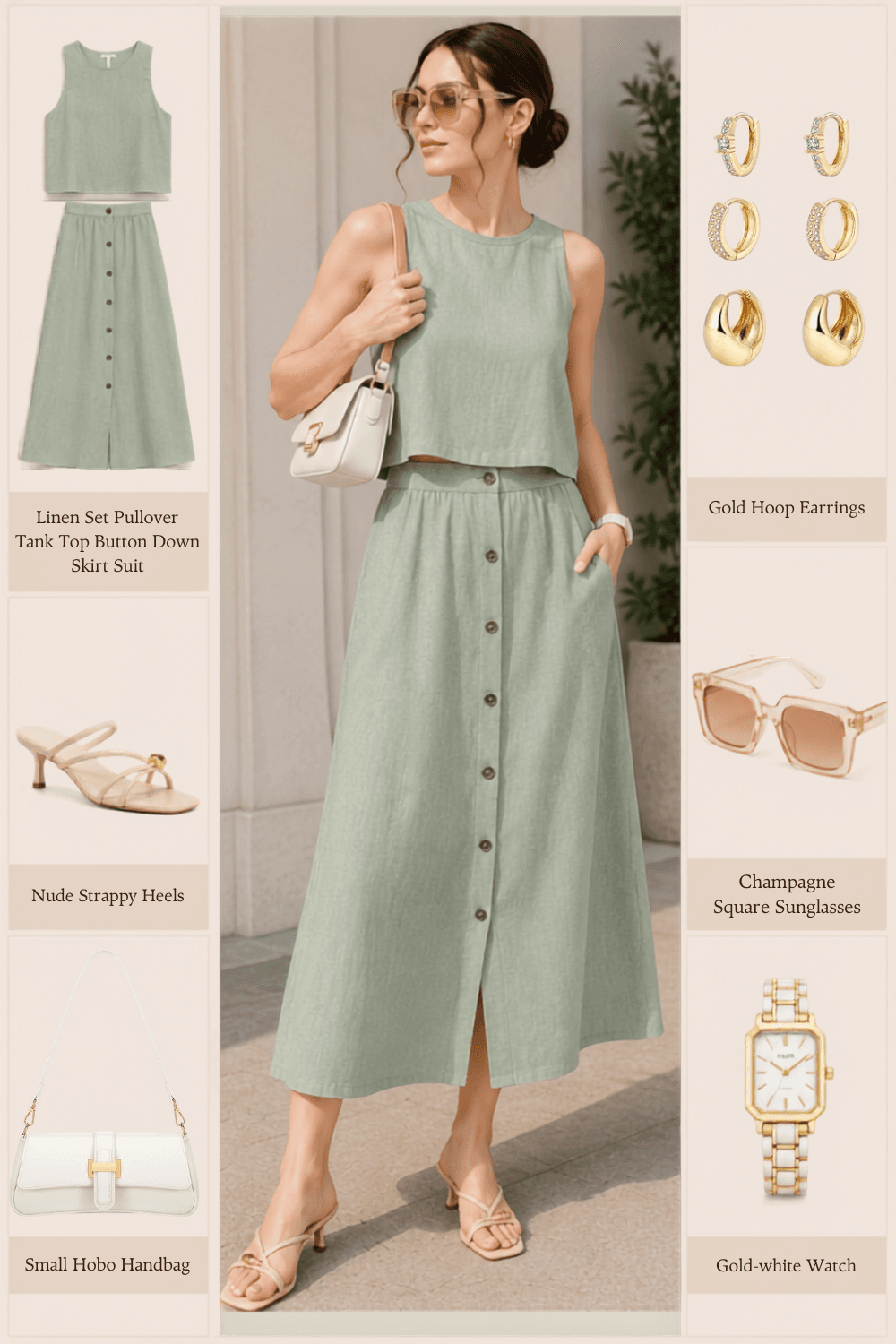 linen tank midi skirt set nude strappy heels champagne sunglasses hobo bag gold hoop earrings gold white watch amazon