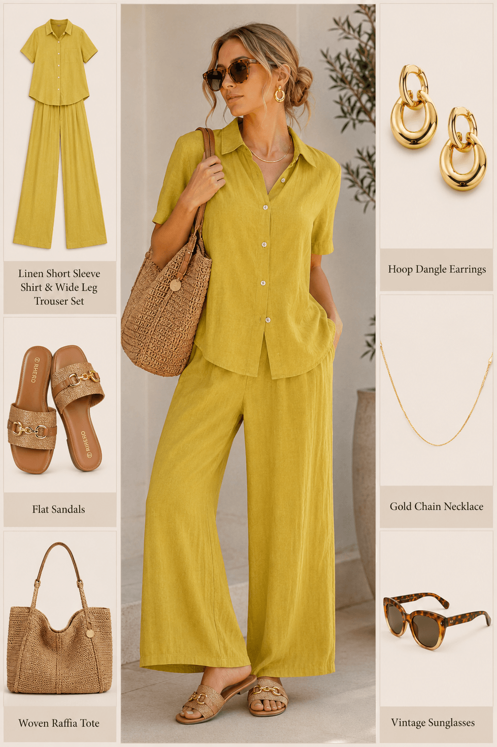 butter yellow linen set flat sandals vintage sunglasses hoop dangle earrings gold chain necklace raffia tote amazon