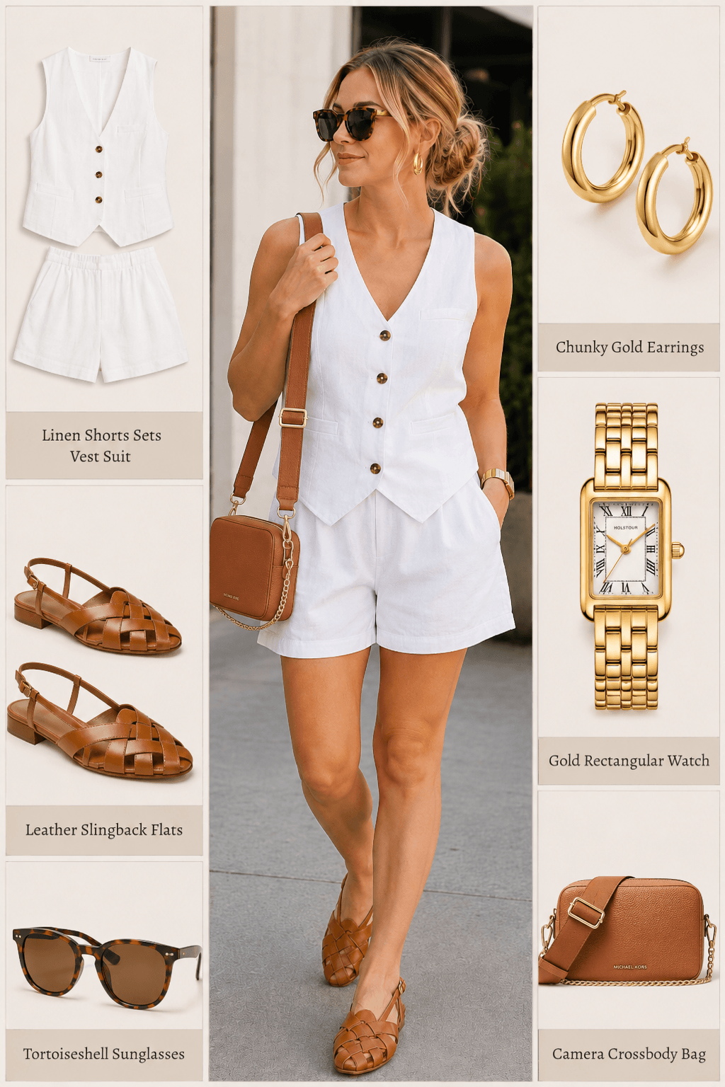 linen vest shorts set slingback flats tortoiseshell sunglasses chunky gold earrings gold watch camera crossbody amazon