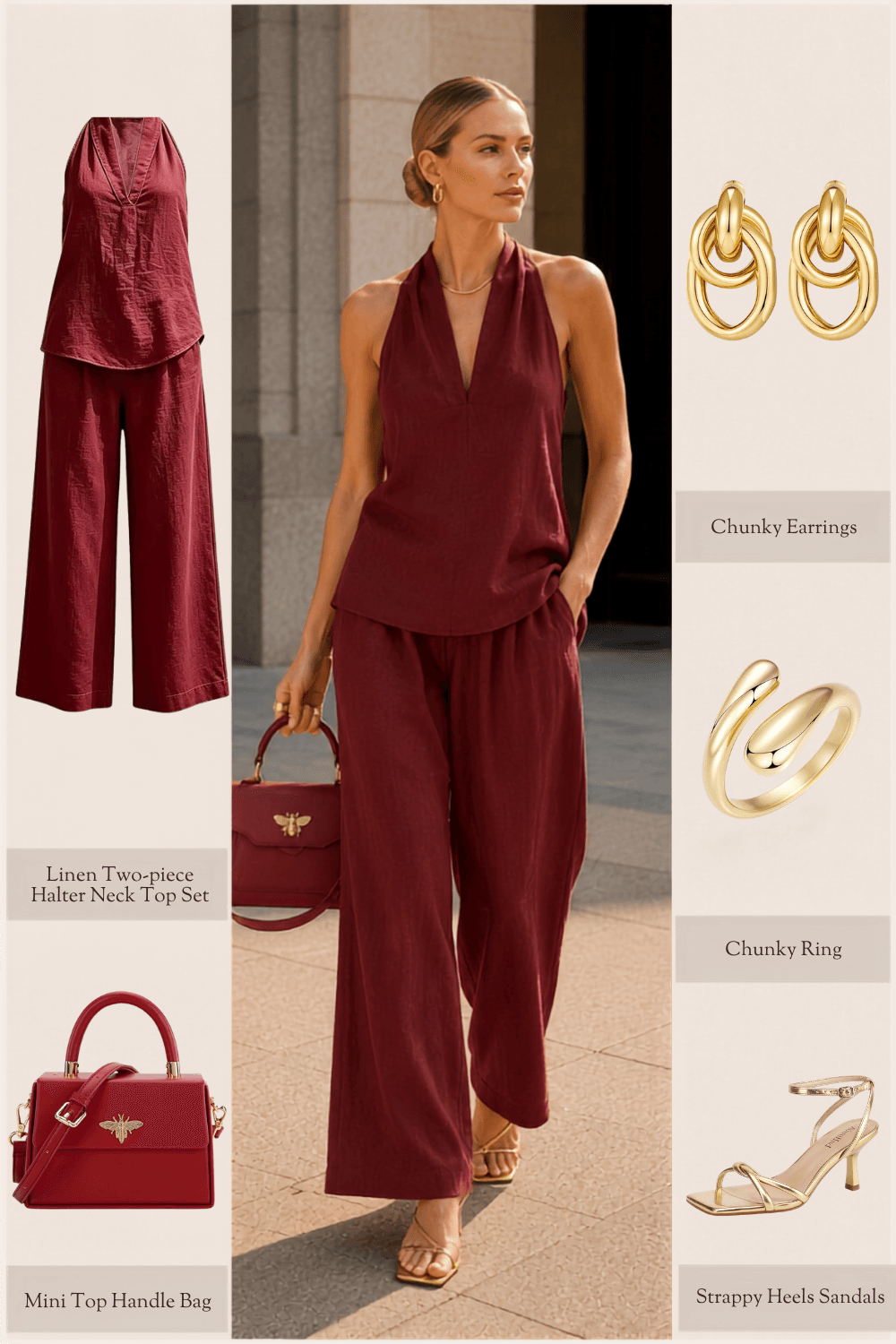 linen halter set strappy kitten heel sandals chunky gold earrings gold ring mini top handle bag amazon