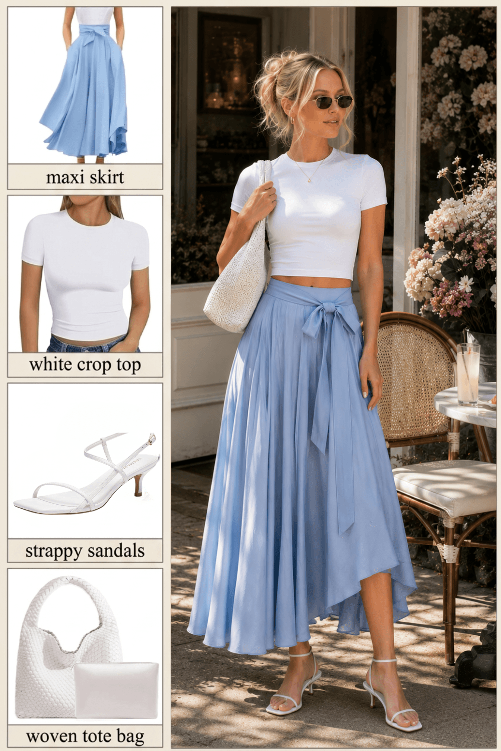 Flat lay collage of white crop top, high-waisted maxi skirt, strappy sandals and woven tote bag for a chic brunch outfit
