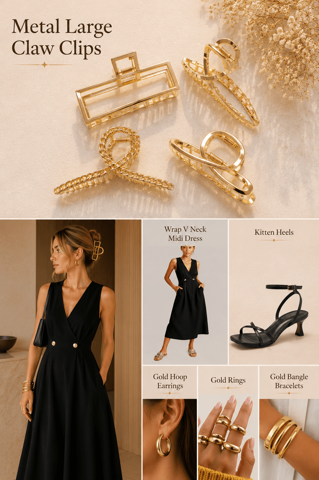 Polished outfit idea with metal large claw clip — wrap midi dress, kitten heels, gold hoops and bangles from Amazon