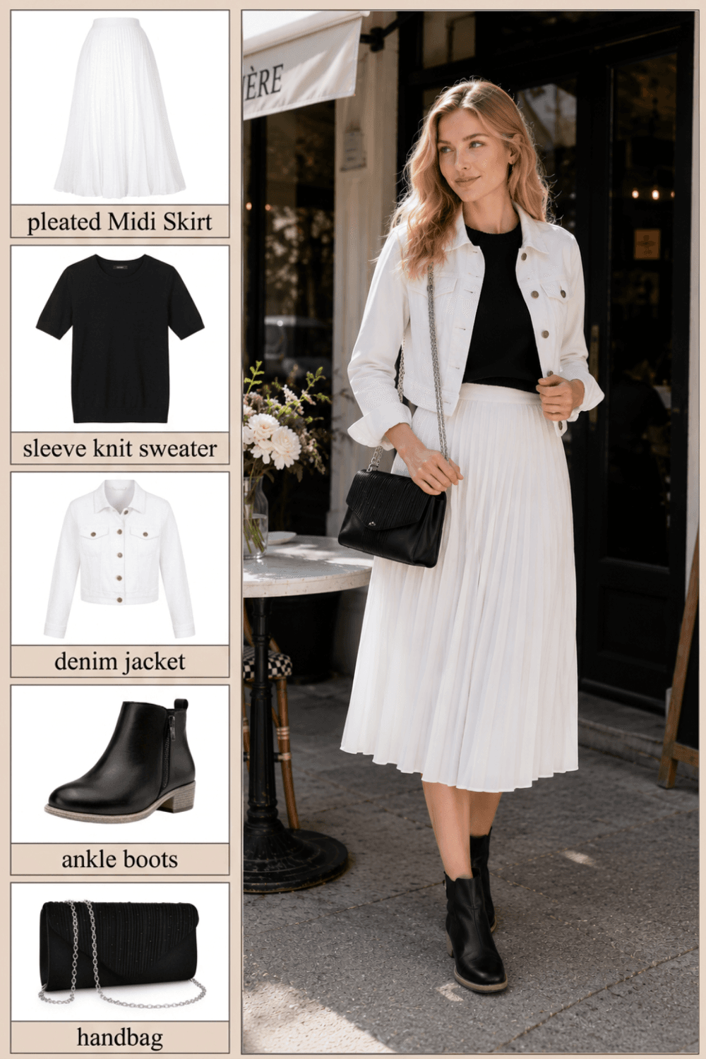 Flat lay collage of pleated midi skirt, puff sleeve sweater, cropped denim jacket, ankle boots and handbag for a spring brunch outfit