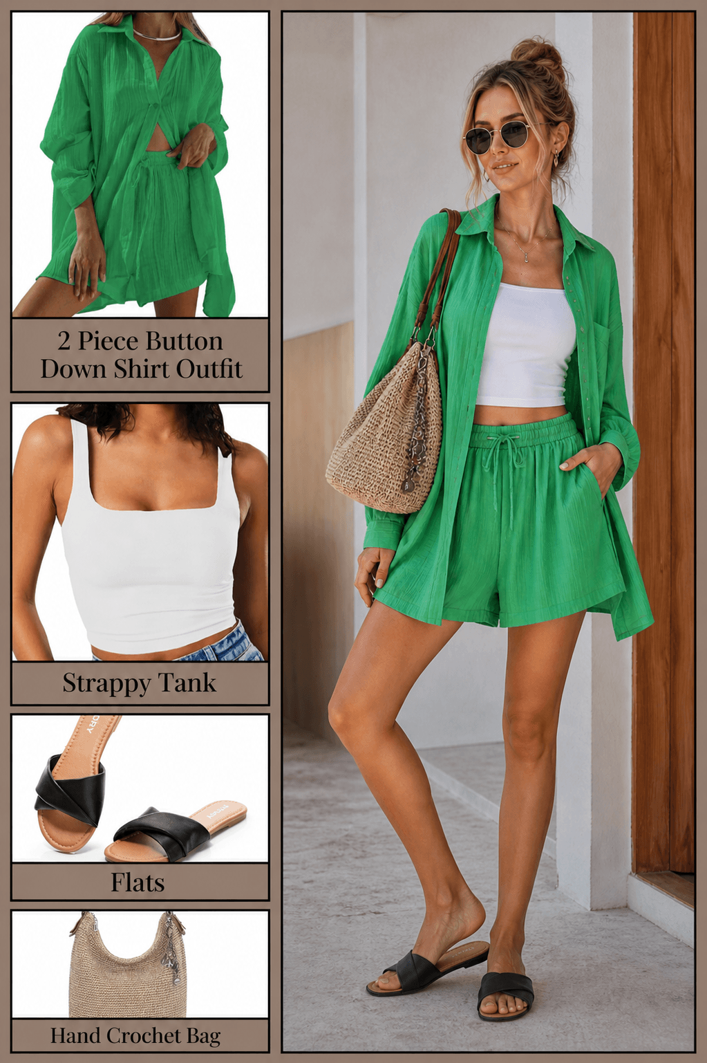 shop green button down 2 piece set outfit Amazon