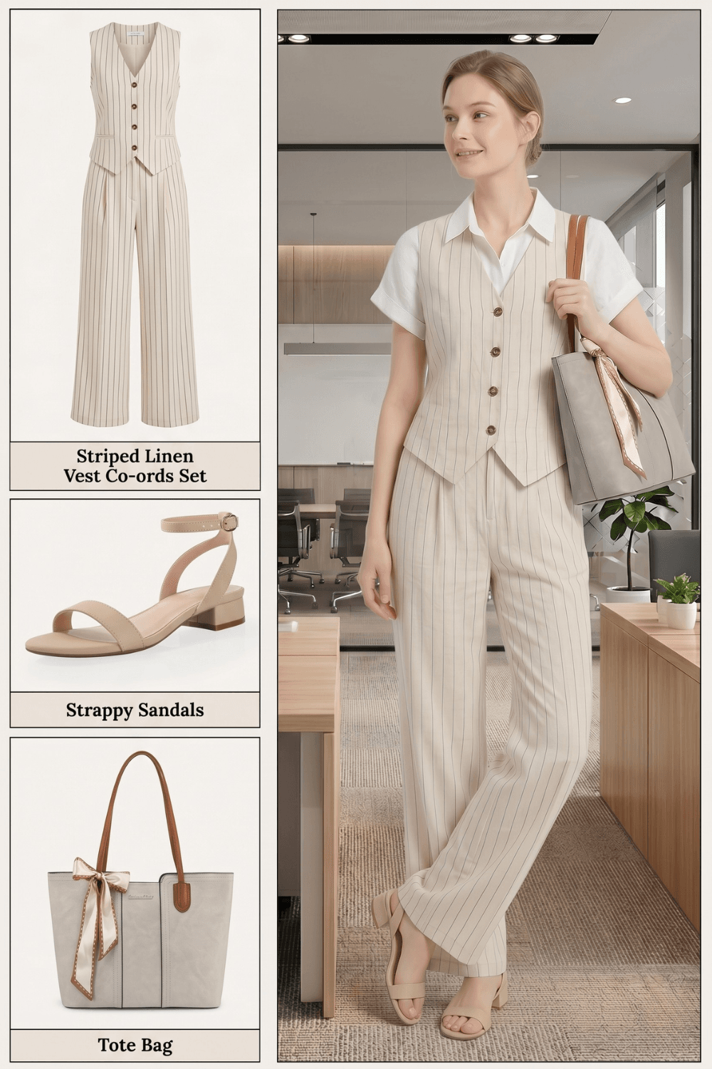 shop linen shirt striped vest co-ords summer office outfit Amazon