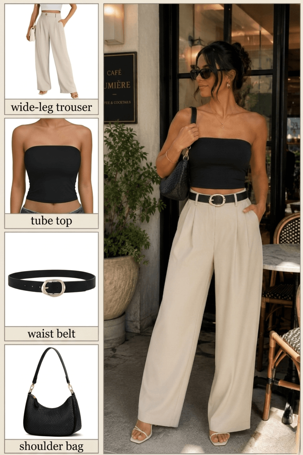 Flat lay collage of wide-leg beige trousers, black tube top, gold waist belt and shoulder bag for a minimal brunch outfit