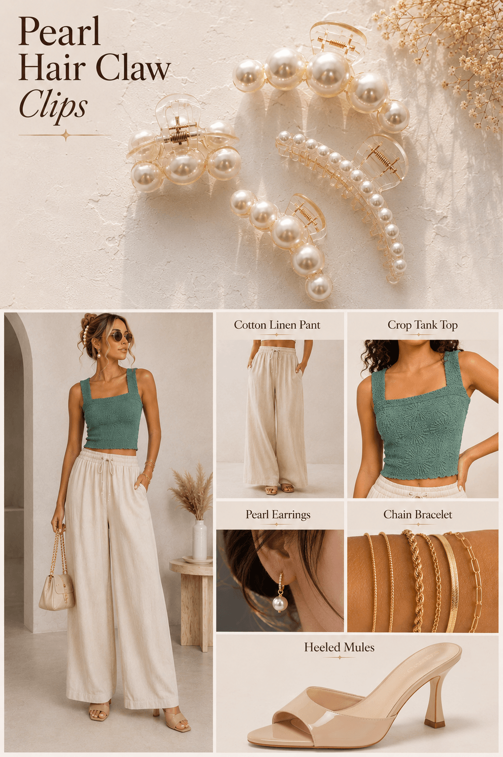 Elevated outfit idea with pearl hair claw clip — cotton linen pants, crop tank, pearl earrings and heeled mules from Amazon