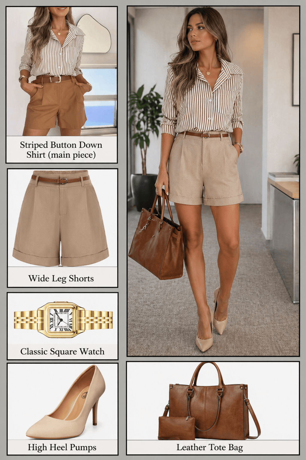 shop striped shirt wide leg shorts office outfit Amazon