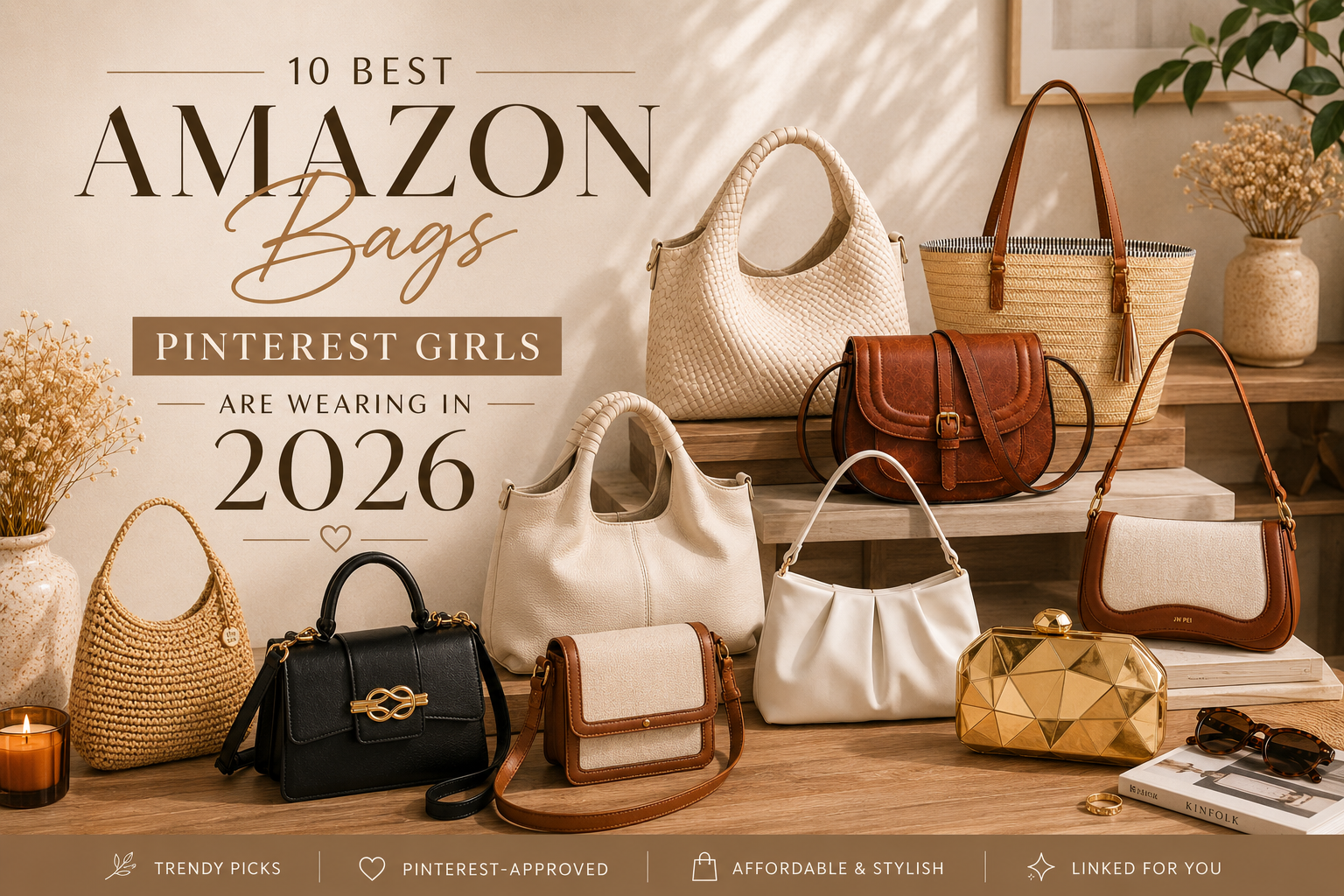 Flat lay of trendy Amazon handbags including tote, crossbody, and clutch styles for 2026