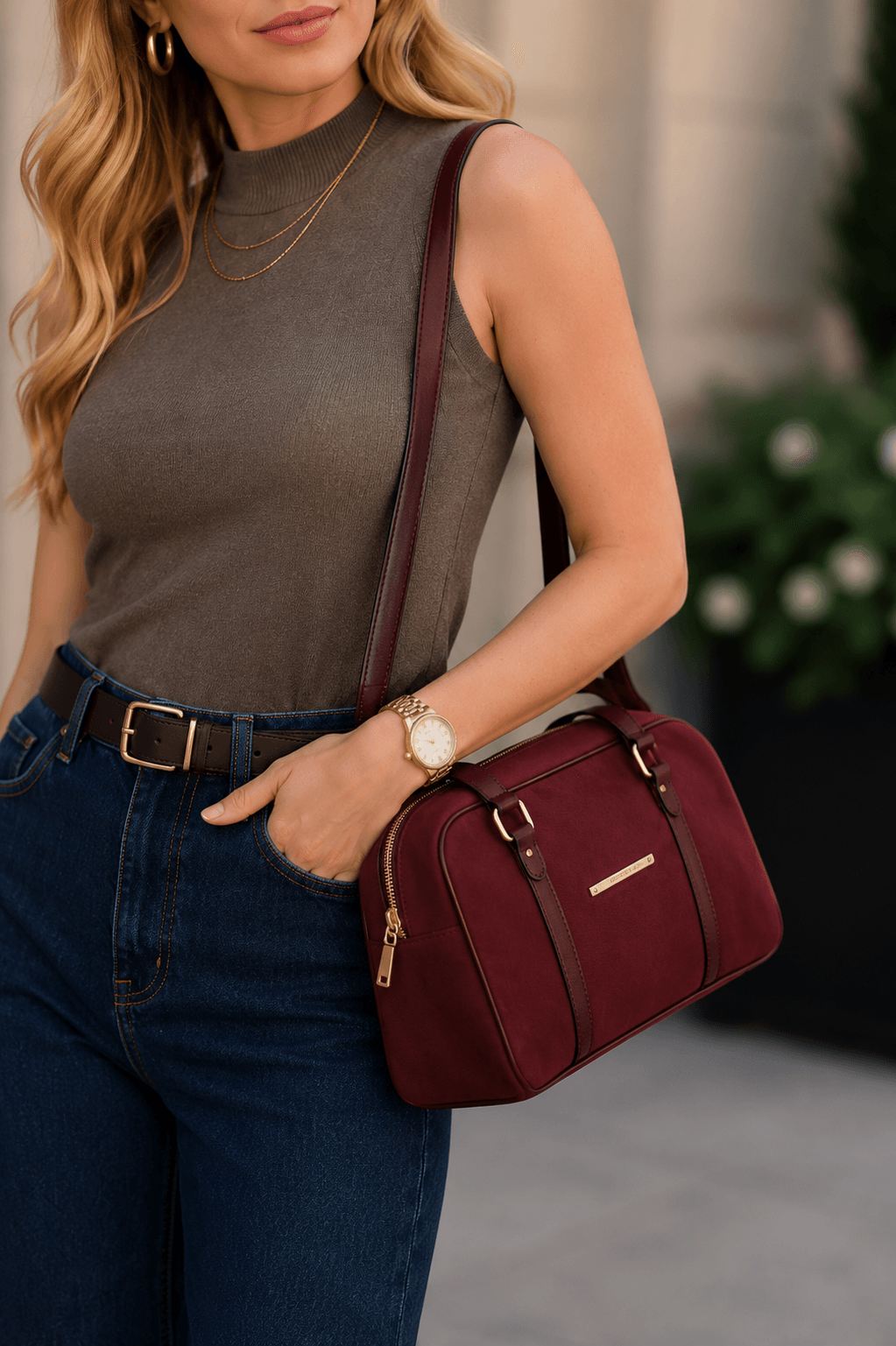 Dasein east west satchel wine burgundy elevated chic outfit
