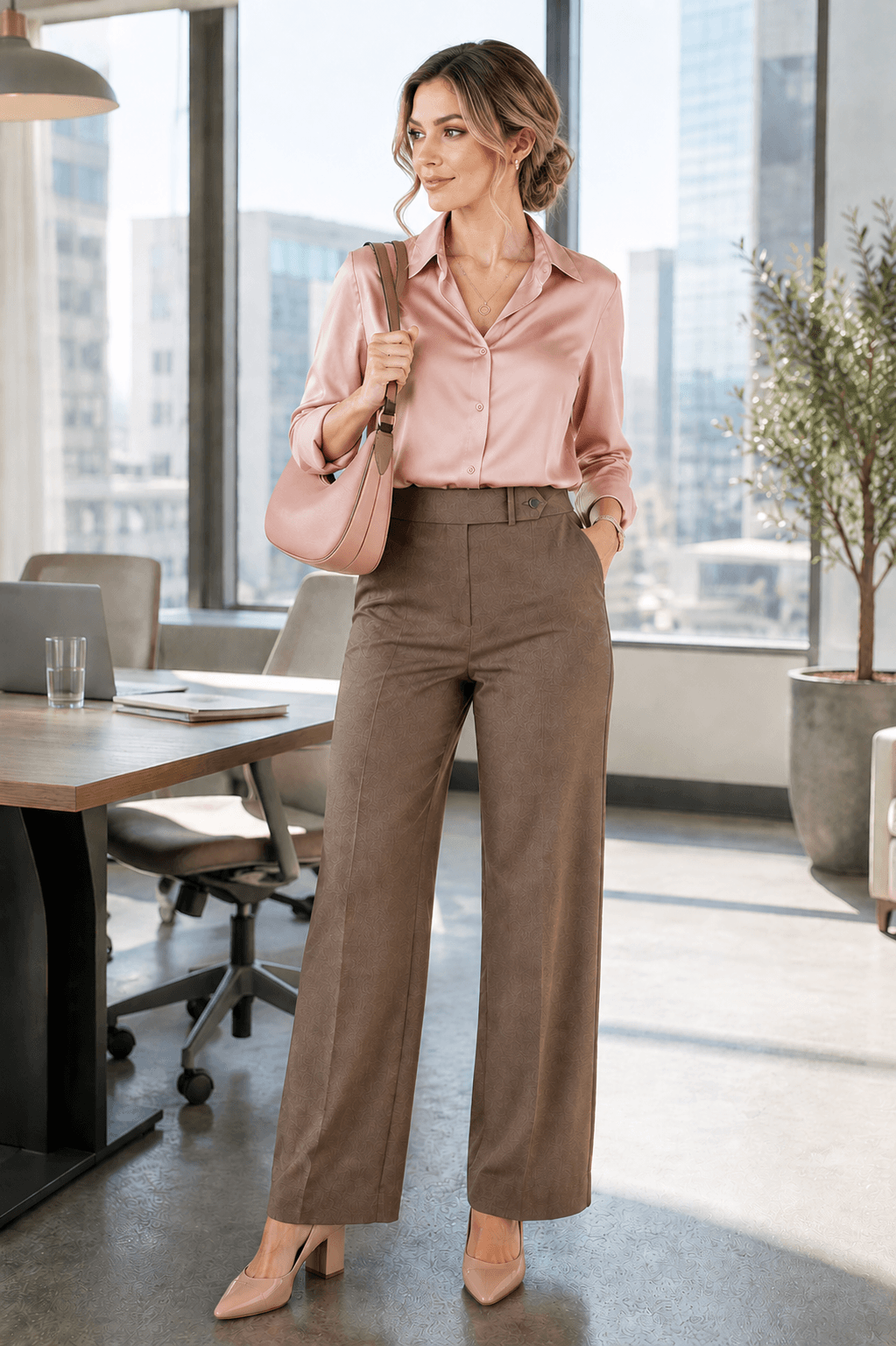 blush satin button down shirt grey suit pant elegant office outfit Amazon