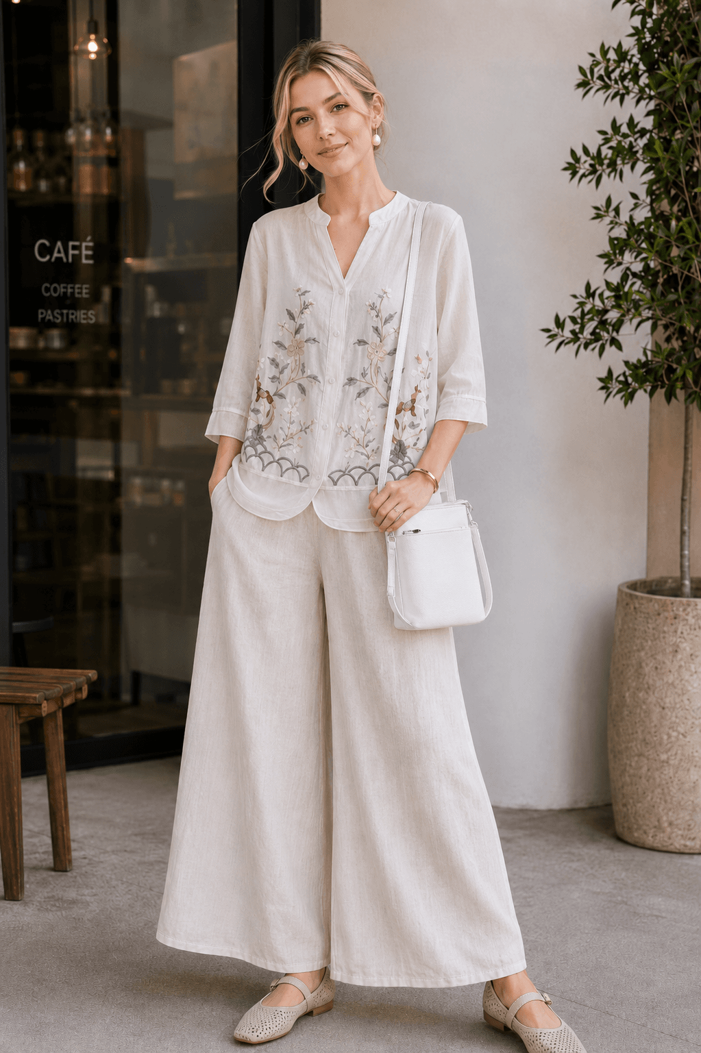 embroidered linen two piece blouse wide leg pants set summer amazon