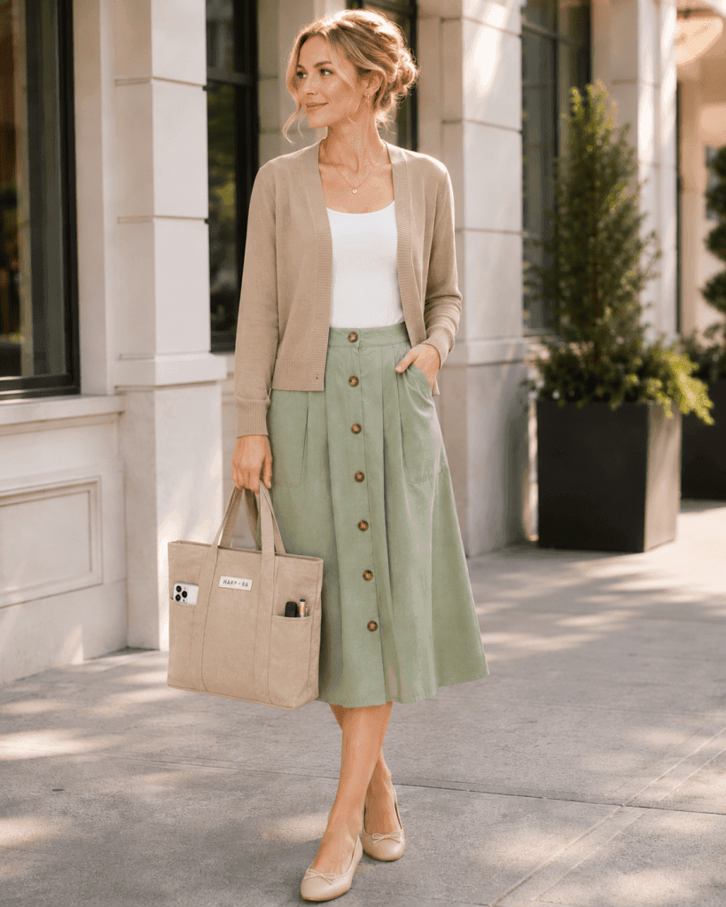 feminine classic spring brunch outfit pastel midi skirt cropped cardigan ballet flats Amazon