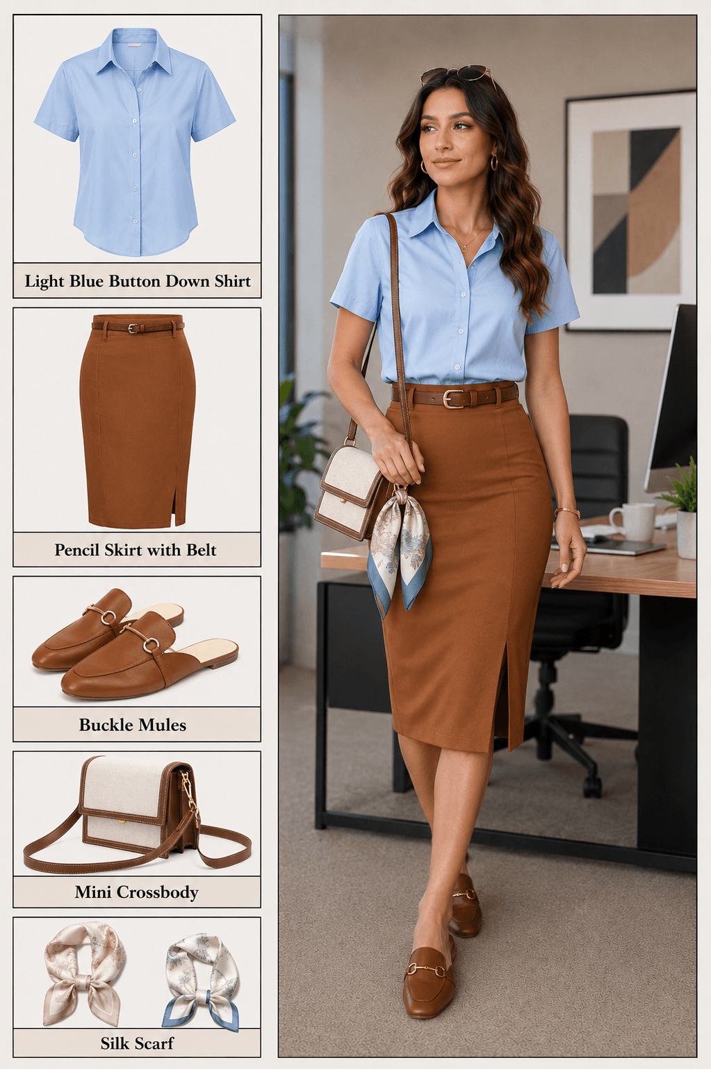 shop blue shirt pencil skirt feminine office outfit Amazon
