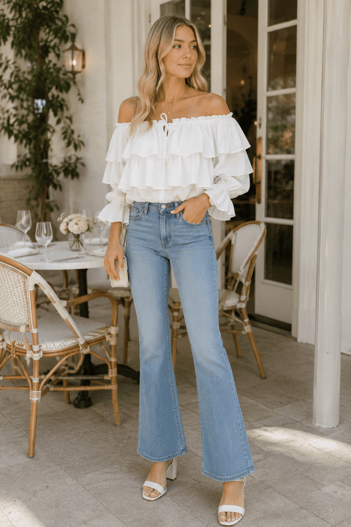 Off-shoulder ruffle top with flared jeans, romantic casual spring brunch outfit idea