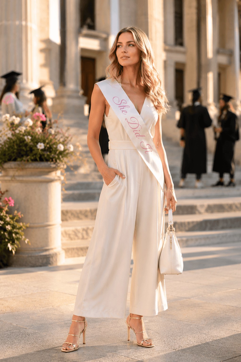 white wide leg jumpsuit she did it sash graduation outfit Amazon 2026