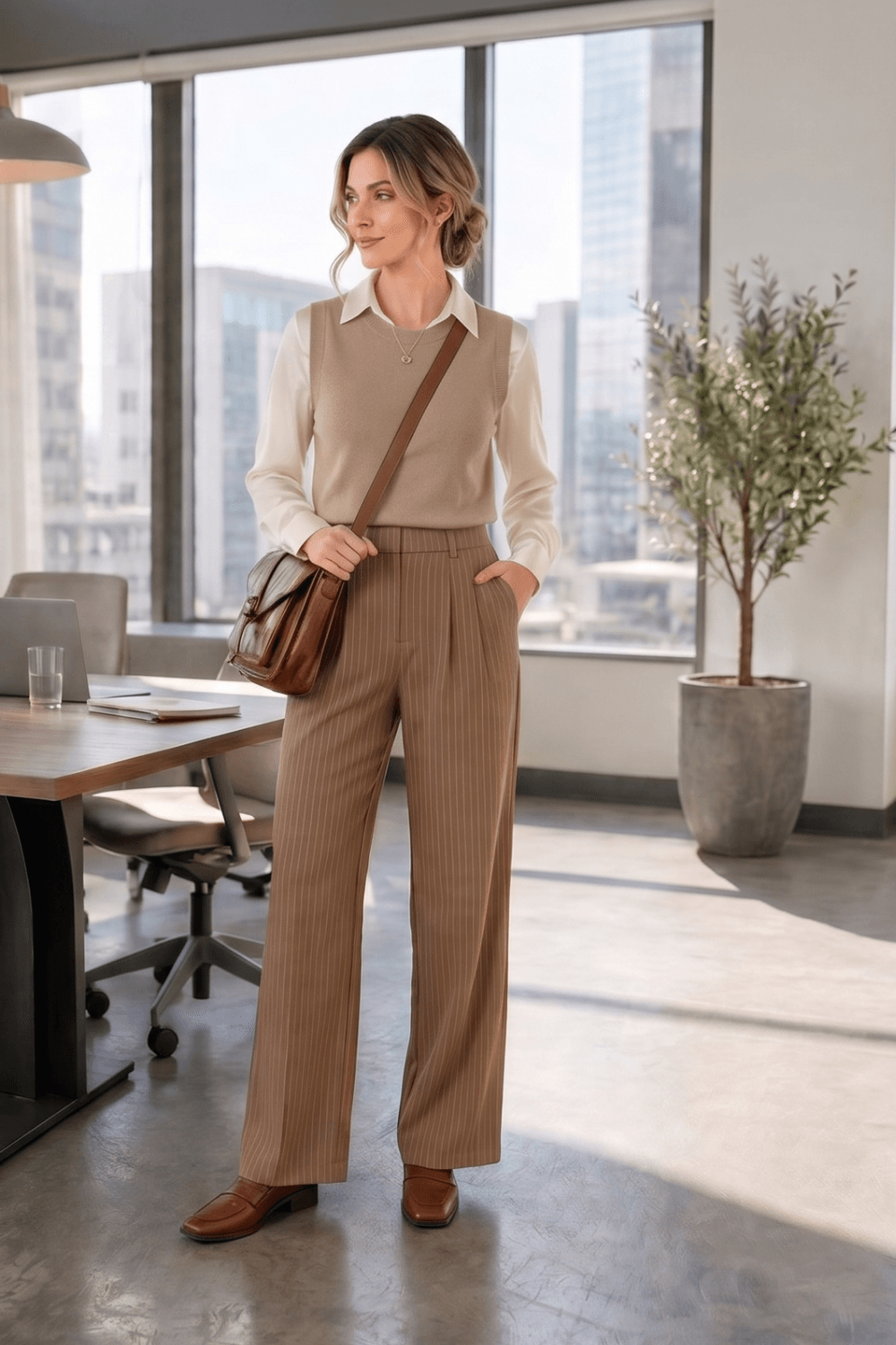 white silk button down shirt knit vest high waist trouser Pinterest office look Amazon