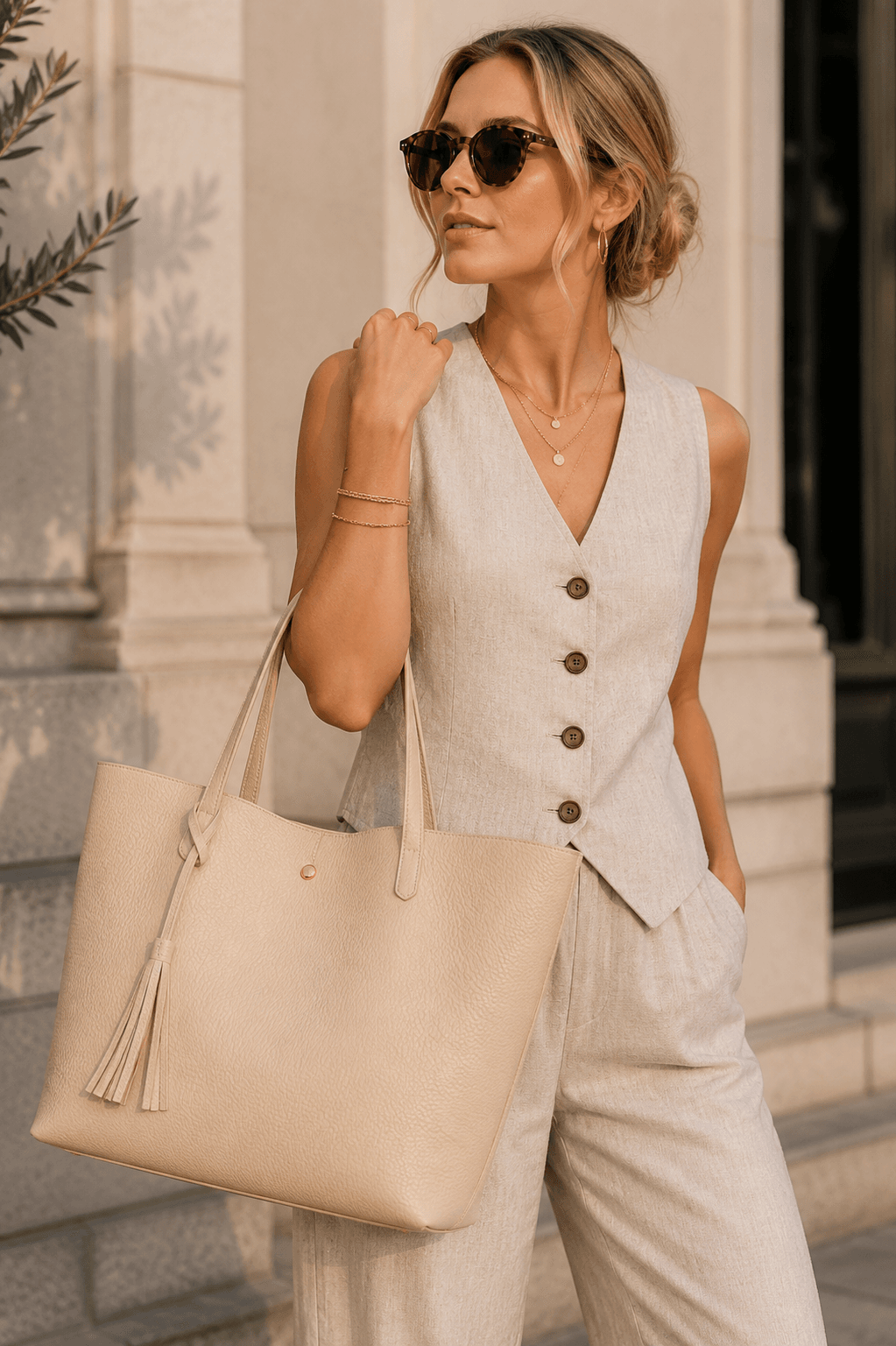 leather beige tote bag linen co-ord set quiet luxury outfit