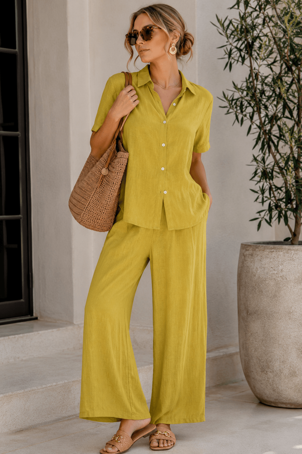 butter yellow linen short sleeve shirt wide leg trouser set summer amazon