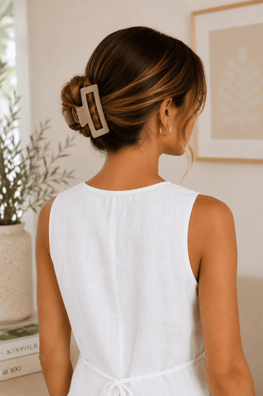 neutral rectangle claw clips outfit linen sleeveless tank gold hoops Amazon