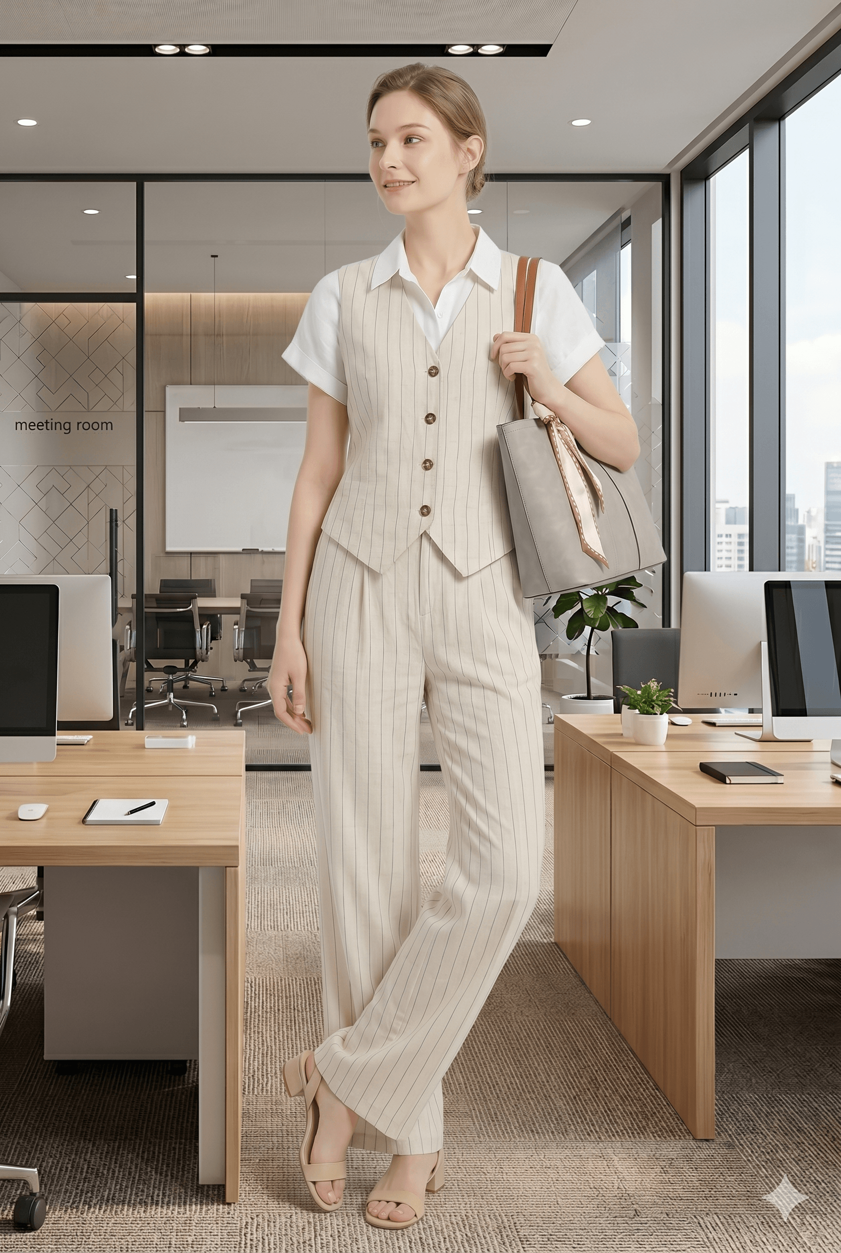 white linen shirt striped vest co-ord set chic summer office look Amazon