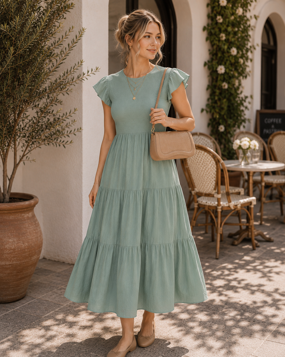 flowy midi dress minimal sandals elegant feminine outfit Amazon