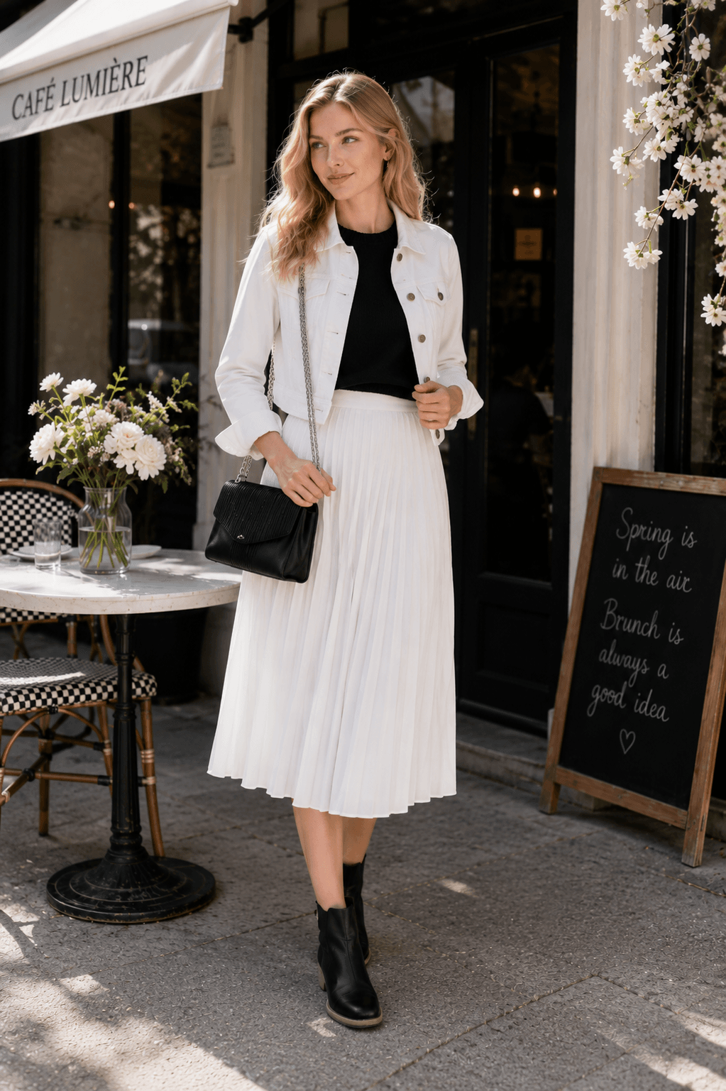 Woman wearing a pleated midi skirt with puff sleeve sweater and cropped denim jacket, classy spring brunch outfit idea