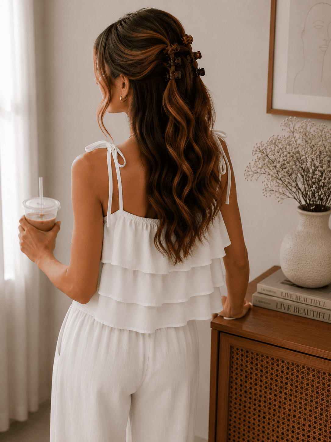 mini neutral hair claw clips outfit peplum tank linen palazzo pants Amazon