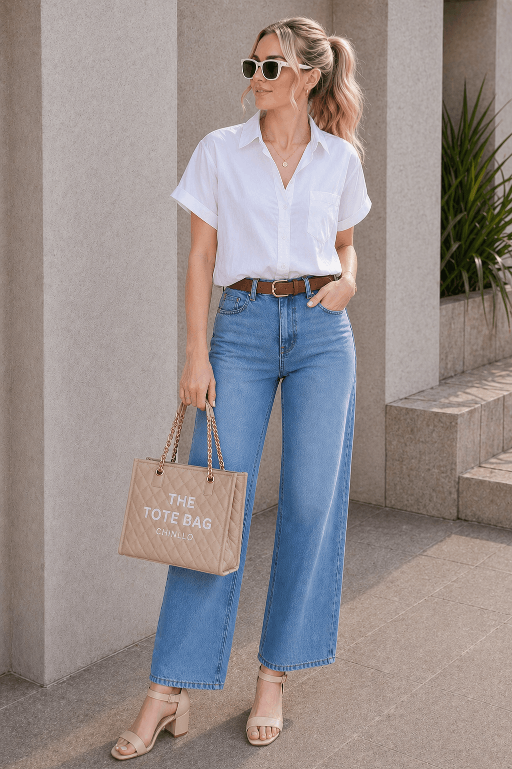 white short sleeve button down shirt wide leg jeans belt sandals outfit Amazon