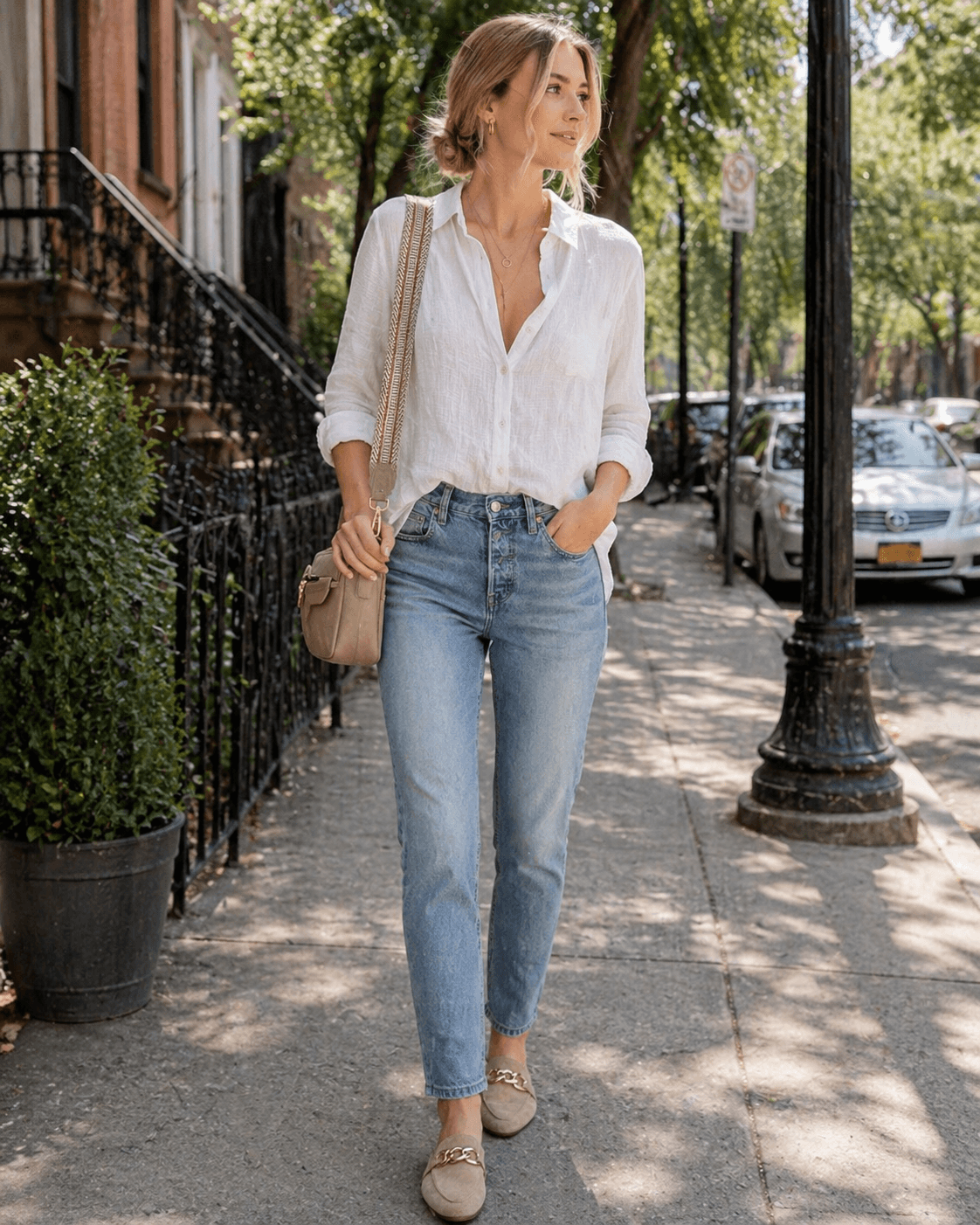 minimal white button down shirt jeans crossbody bag flat mules outfit Amazon