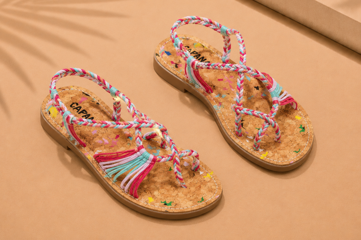 Multicolored woven braided flat sandal with a boho-inspired design