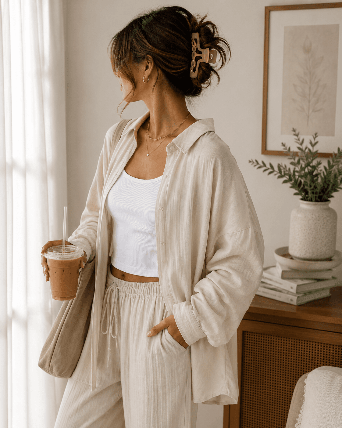 neutral curved claw clips outfit white tank beige button down wide leg pants Amazon